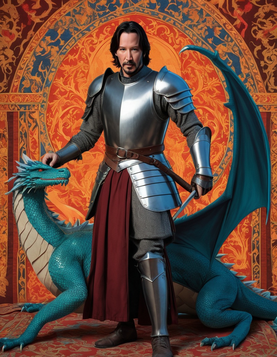 keanu reeves, medieval knight, painting, dragon, tapestry