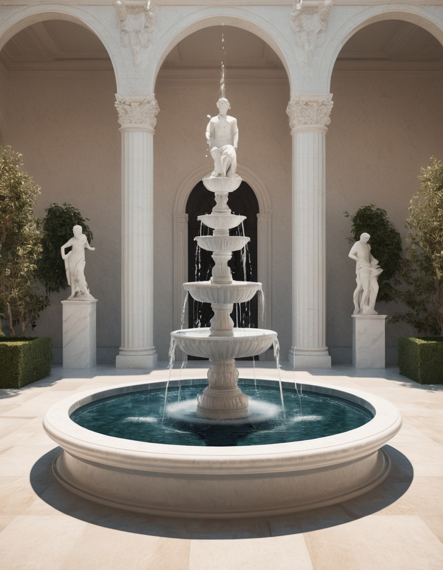 fountain, sculptures, marble, courtyard, luxury