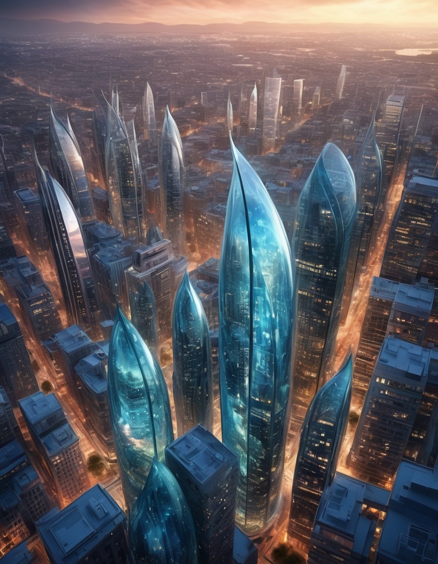 cityscape, glass buildings, ethereal beings, futuristic, fantasy, dreamlike, fantastic