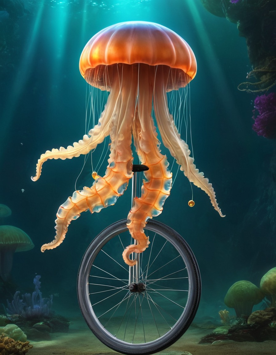 jellyfish, unicycle, strange, creature, ocean, circus, fantasy