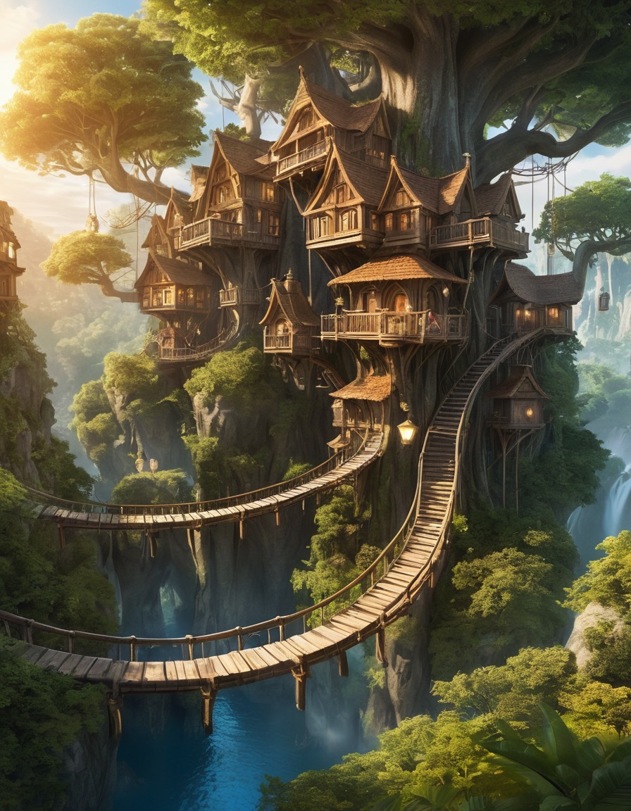 treehouse village, mystical beings, fantasy, magical creatures, fantastic