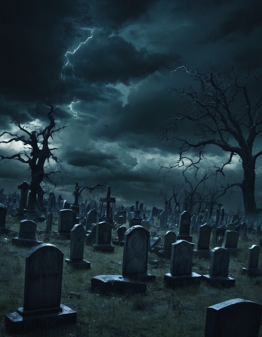 graveyard, haunted, stormy, night sky, spooky, gothic, underground, dark