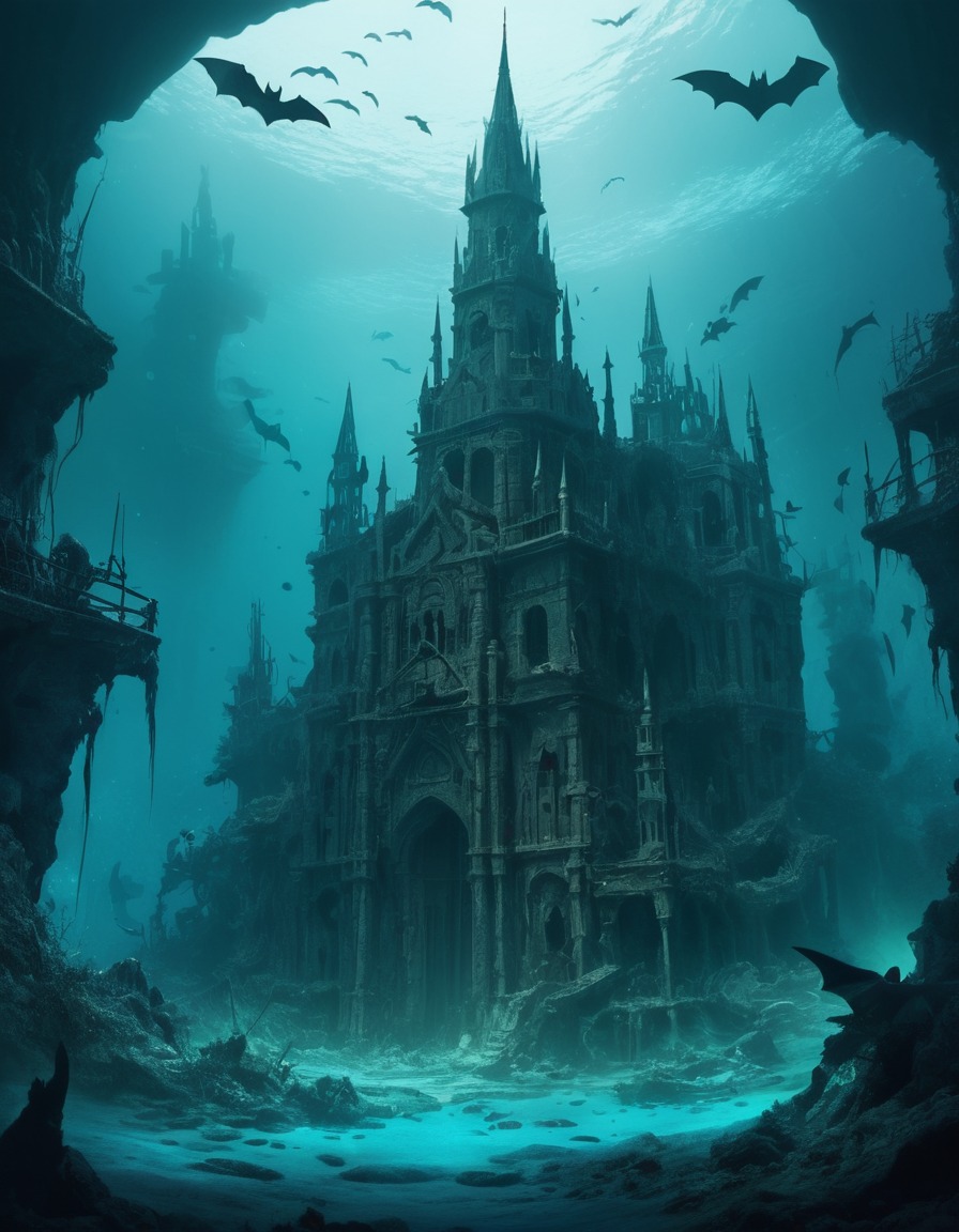 fantasy, underwater, ruins, bats, cityscape, lovecraft, howard lovecraft