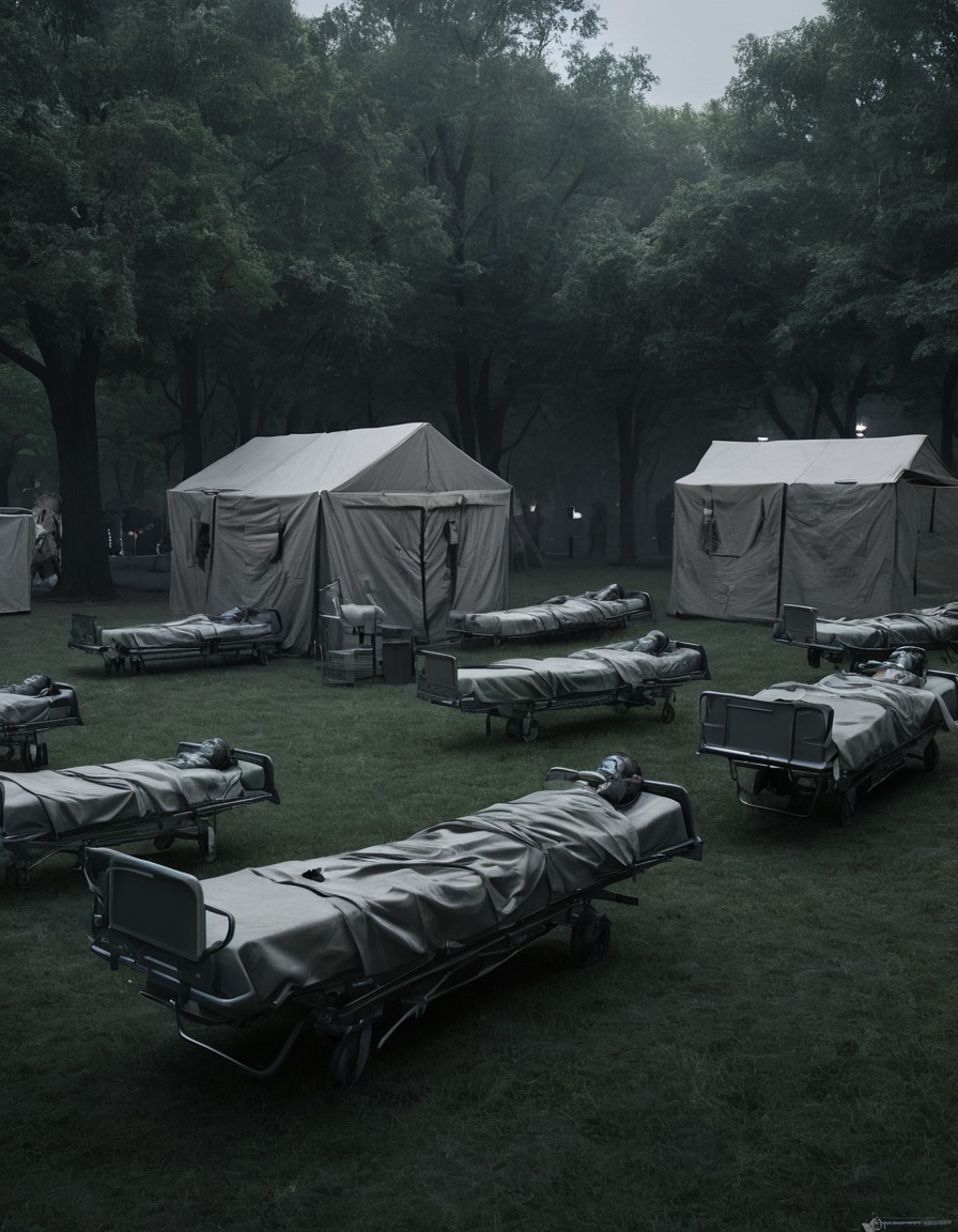 field hospital, city park, wounded, soldiers, civilians, emergency care, war, usa