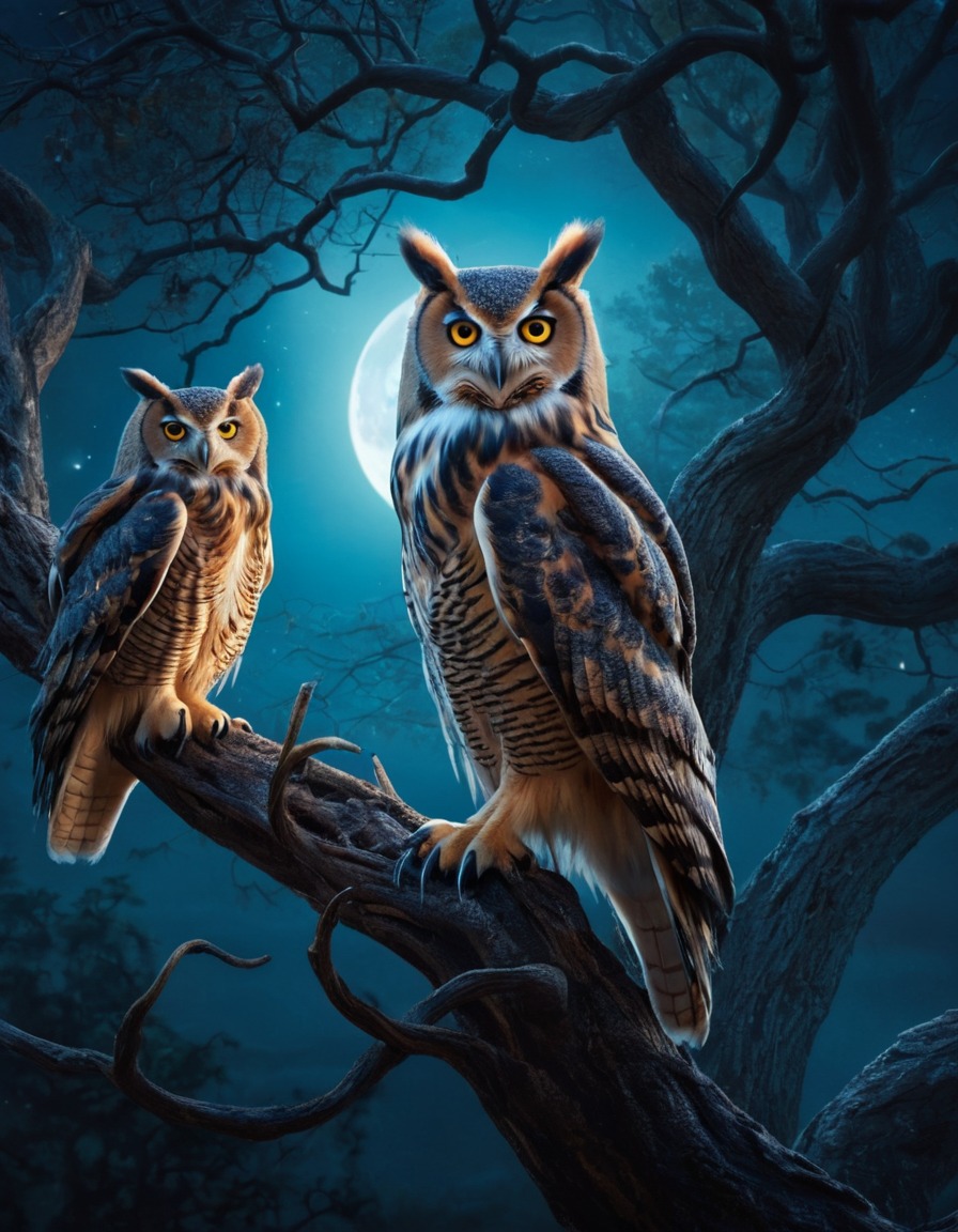 nature, owls, forest, moonlight, fantastic