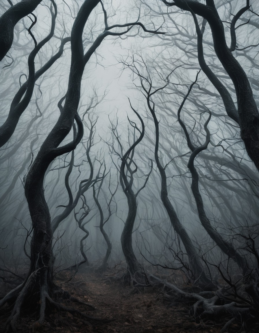 dark, foggy, forest, gnarled branches, nature, spooky, gothic, underground