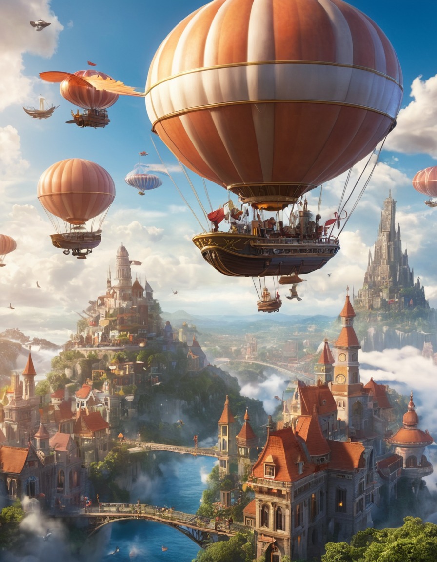 fantasy, cityscape, clouds, flying creatures, airships, fantastic