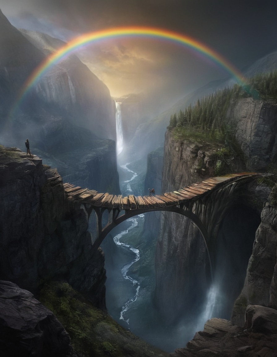 mystical, rainbow bridge, chasm, mountains, nature, scenery