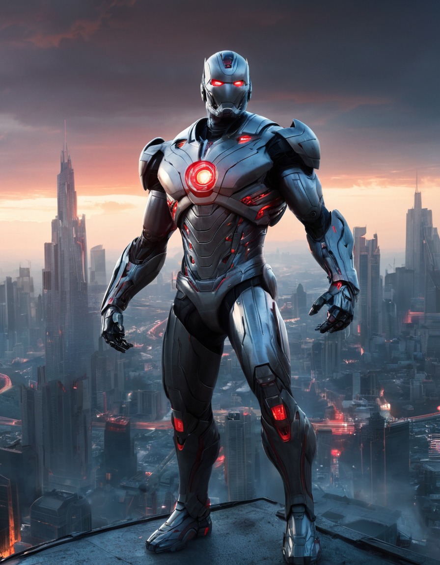 ultron, city skyline, red eyes, power, marvel comics, robots, games, movies