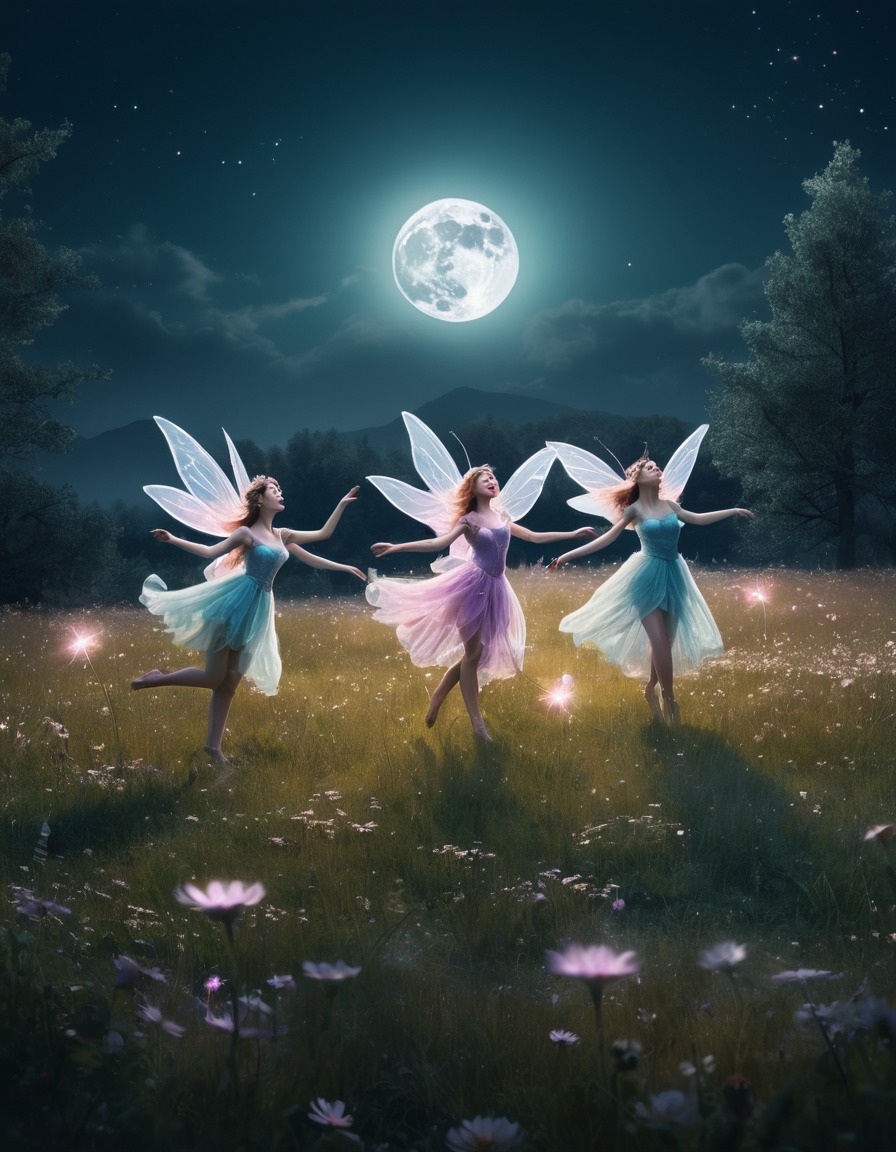 fairies, dancing, meadow, full moon, whimsical