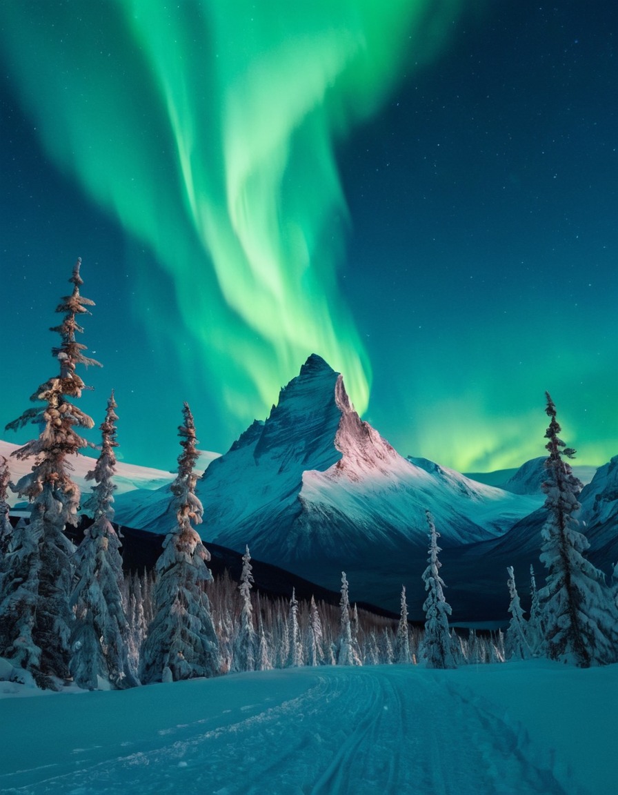 mountain, snow, yeti, ice spirits, northern lights, fantastic