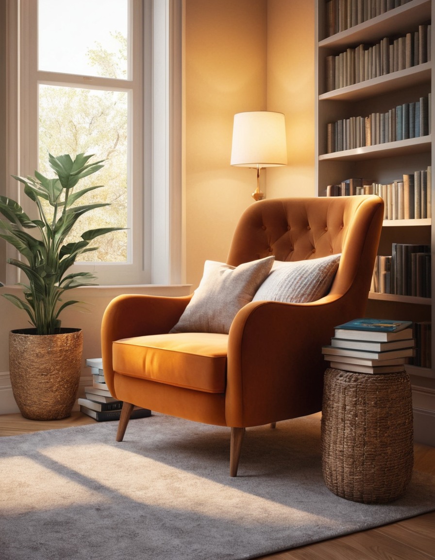 reading nook, armchair, books, cozy, sunlight, home, interior