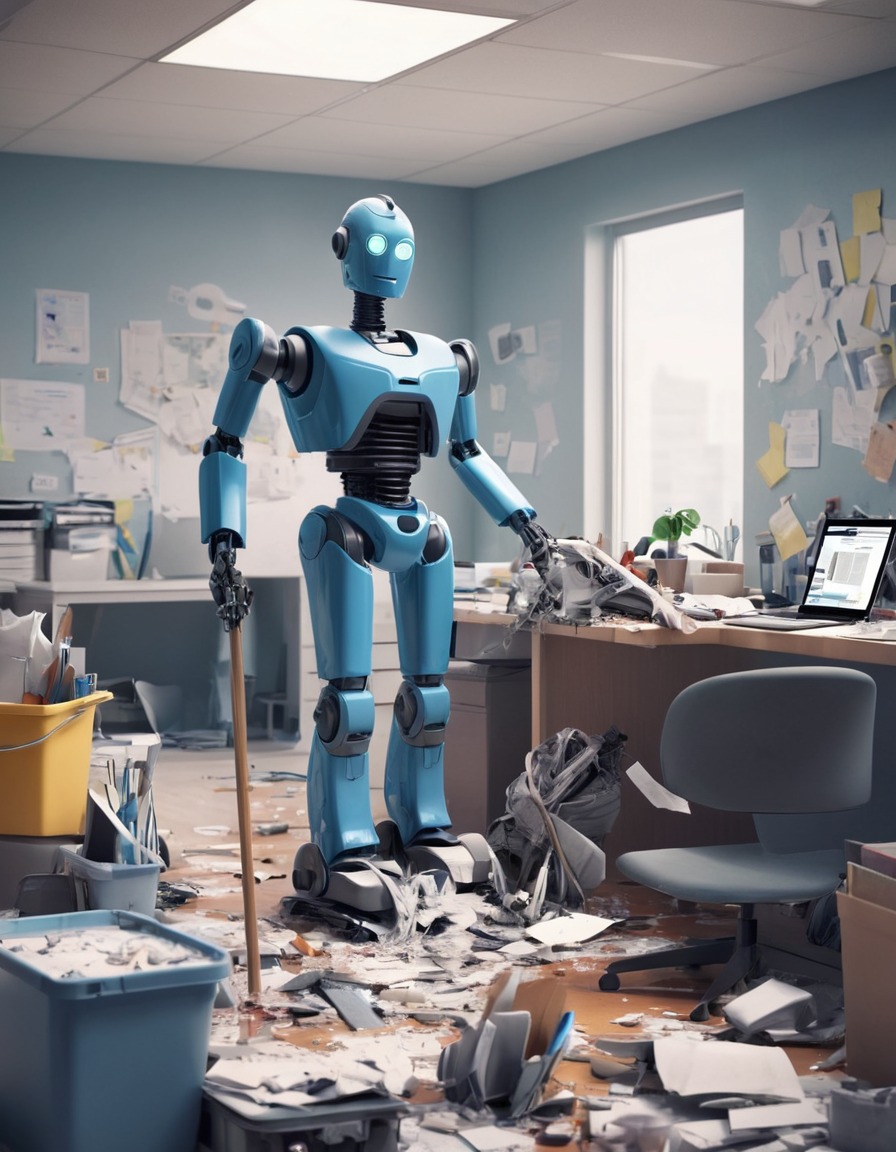 robot, janitor, cleaning, messy room, office, robots