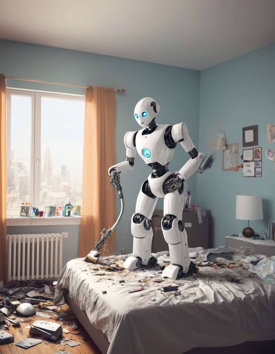 robot, cleaning, bedroom, mess, household, robots