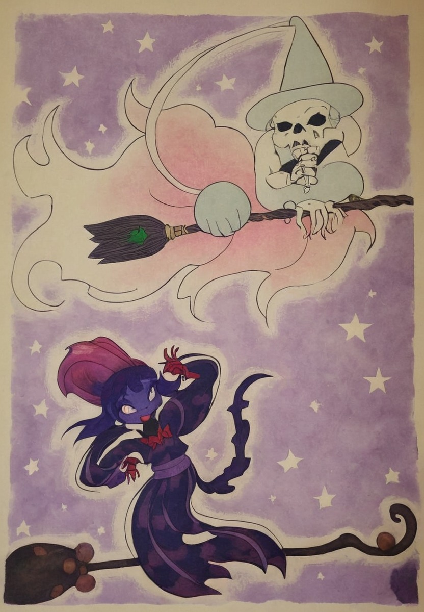 fanart, witch, traditionalart, pokemon, coven, fairy, ghost, traditional, mismagius, art, hatterene