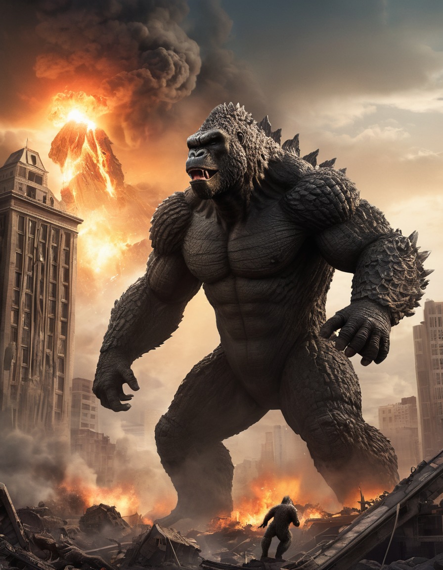 godzilla, king kong, monster, destruction, battle, cityscape, kong