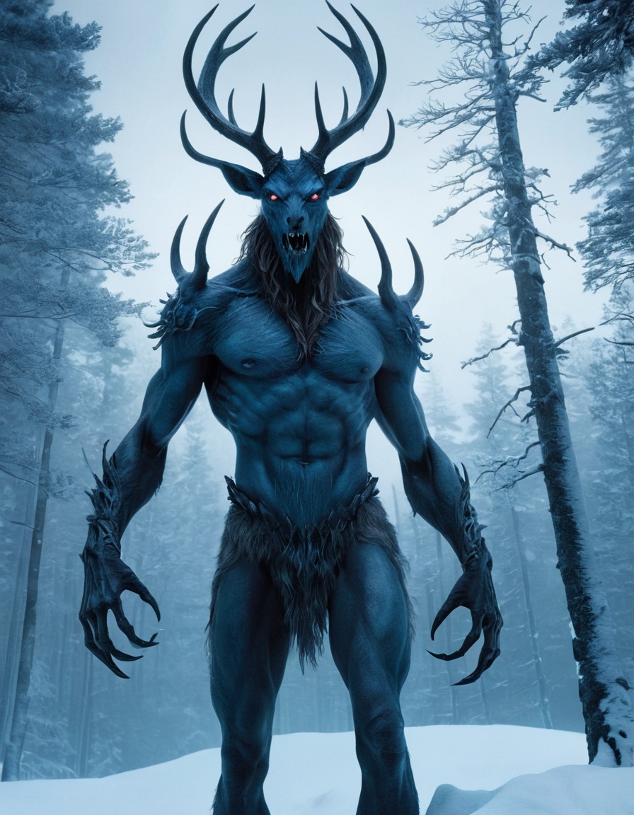 wendigo, mythical creature, snowy forest, glowing eyes, darkness, supernatural, folklore