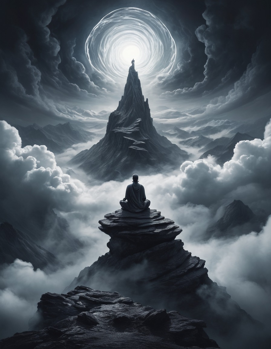 meditation, mountain peak, swirling clouds, solitude, mystical experience, spirituality