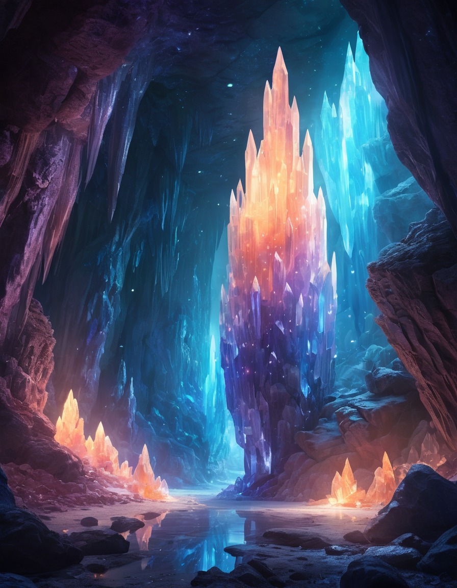 crystal cave, glowing crystals, mysterious energy, fantasy scene