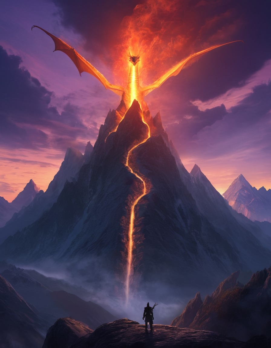 mountain peak, dragons, fire, twilight, fantasy, fantastic