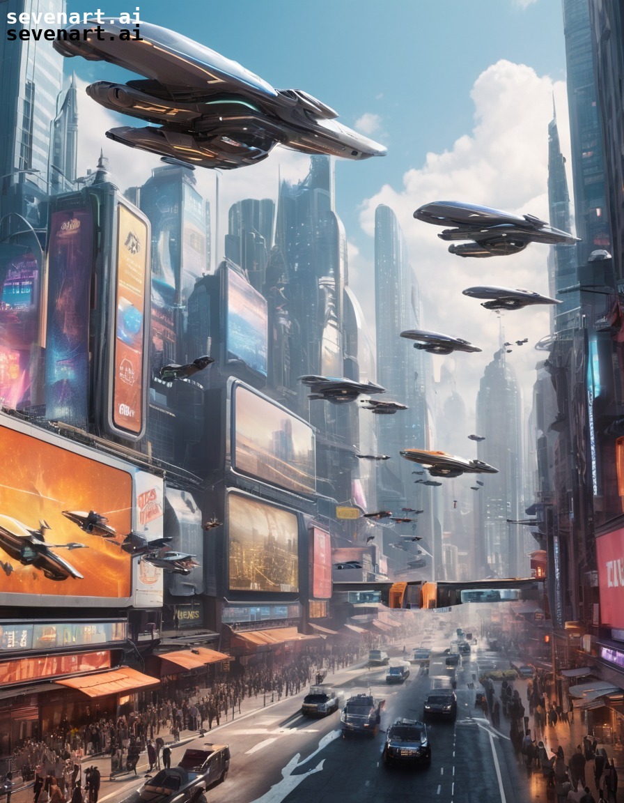 futuristic, cityscape, flying vehicles, holographic billboards, advanced technology, future