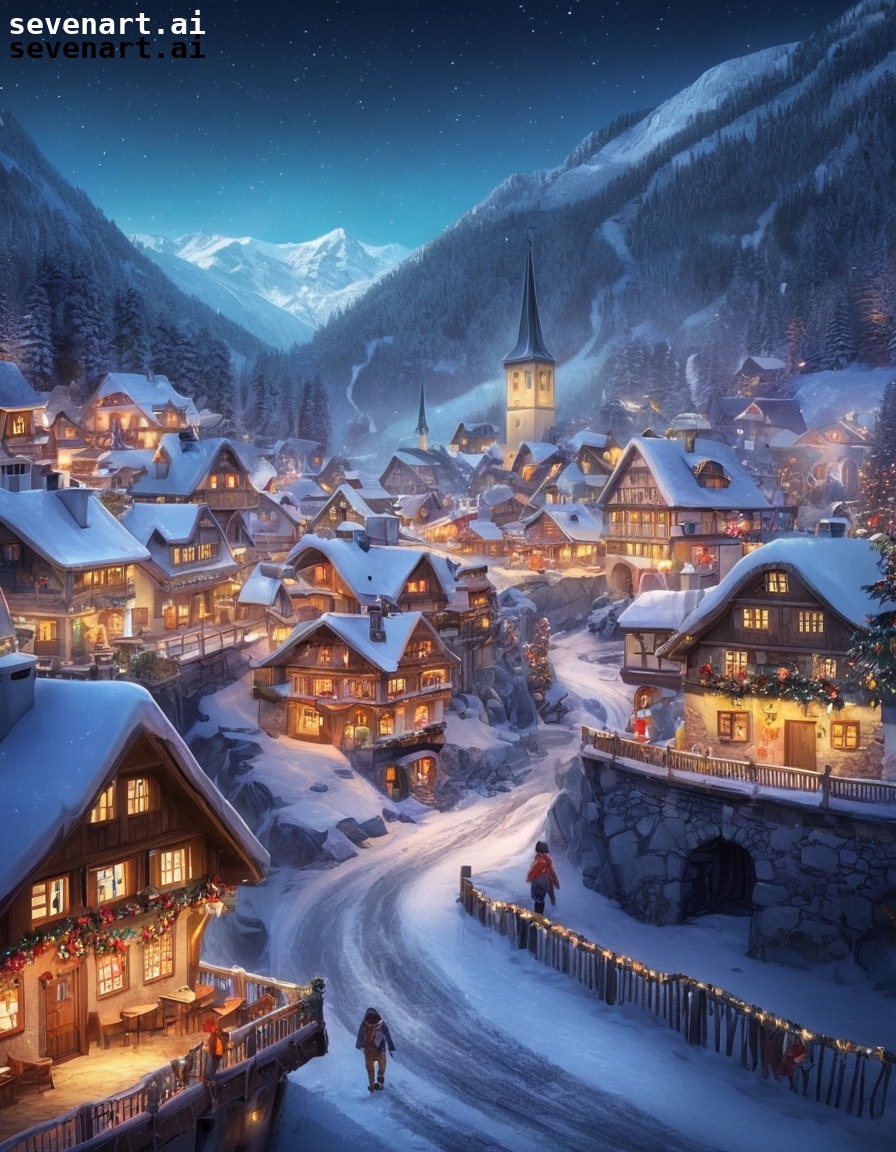 winter, alpine, village, christmas, lights, europe