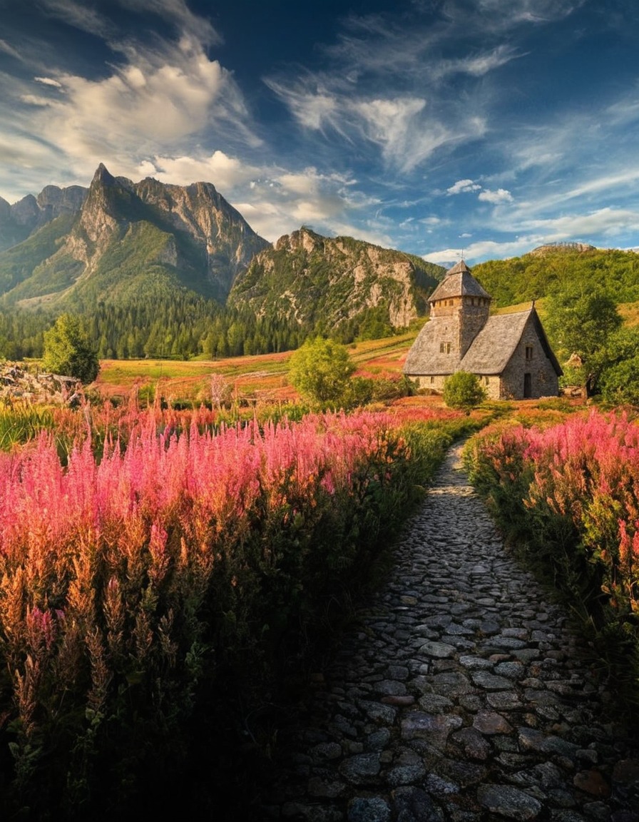 poland, landscape, mountain, cottage, pink flowers, wild flowers, path, nature, flowers, beautiful, petitworld favs