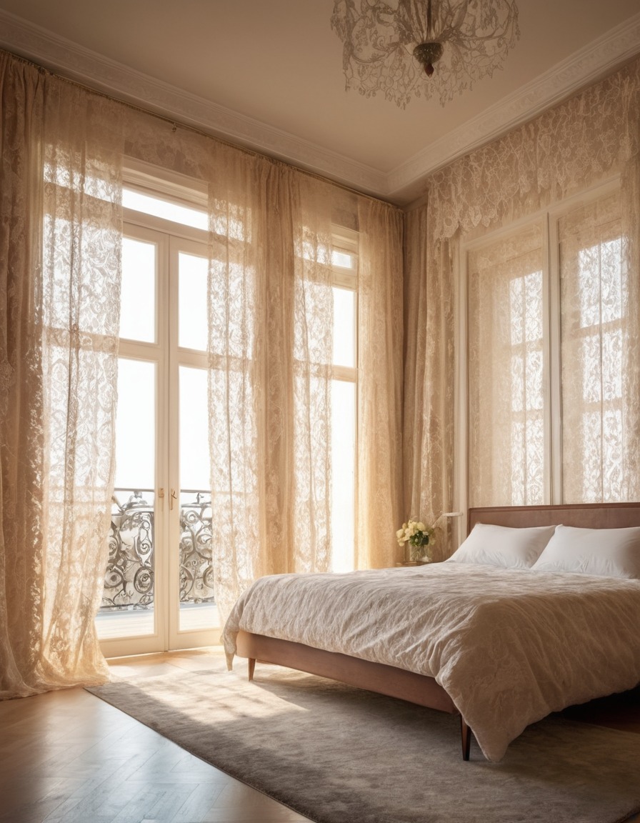 light, bedroom, curtains, lace, home, interior