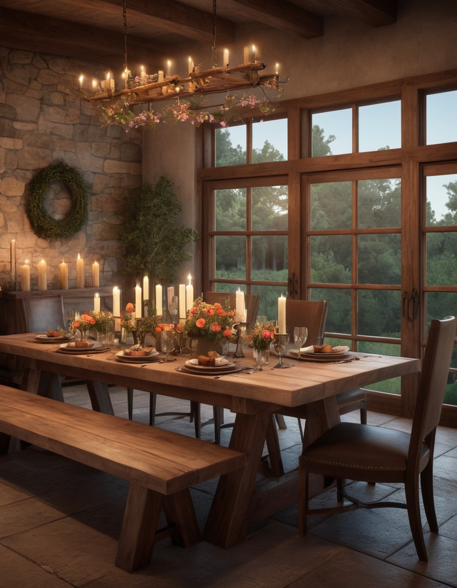 rustic, dining room, wooden table, candlelit dinner, flowers, wine, home, interior