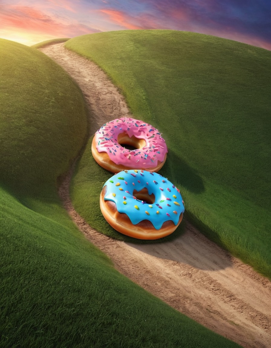 surreal, absurd, giant donut, rolling, hill, food, unusual