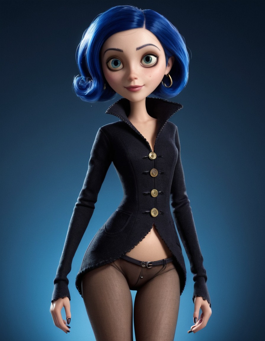 coraline jones, fictional character, sultry, glamorous outfit, confident expression, illustration