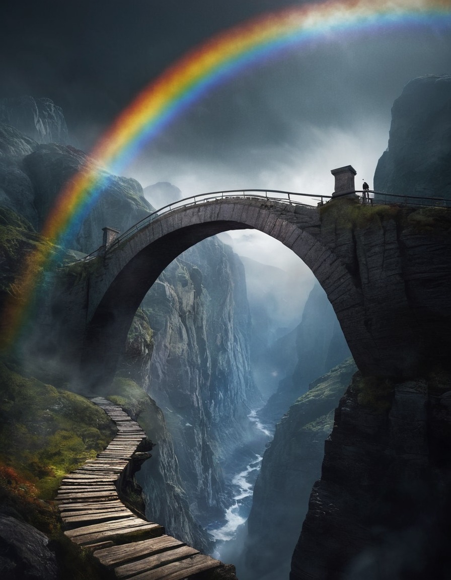 mountains, rainbow bridge, mystical, chasm, nature, fantasy, landscape