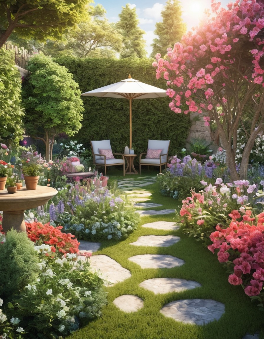 backyard, garden, flowers, seating area, home, interior