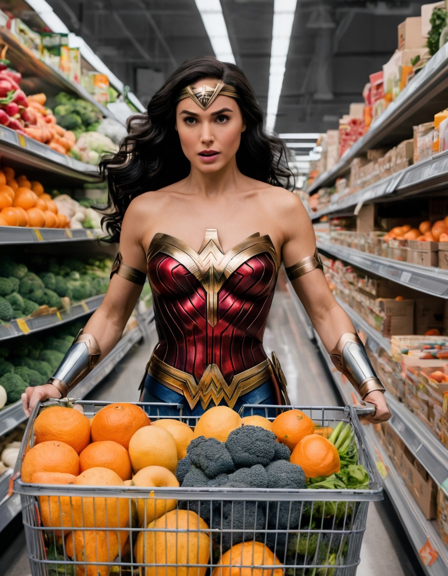 superhero, wonder woman, grocery shopping, fresh produce, healthy lifestyle, superheroine, bikini