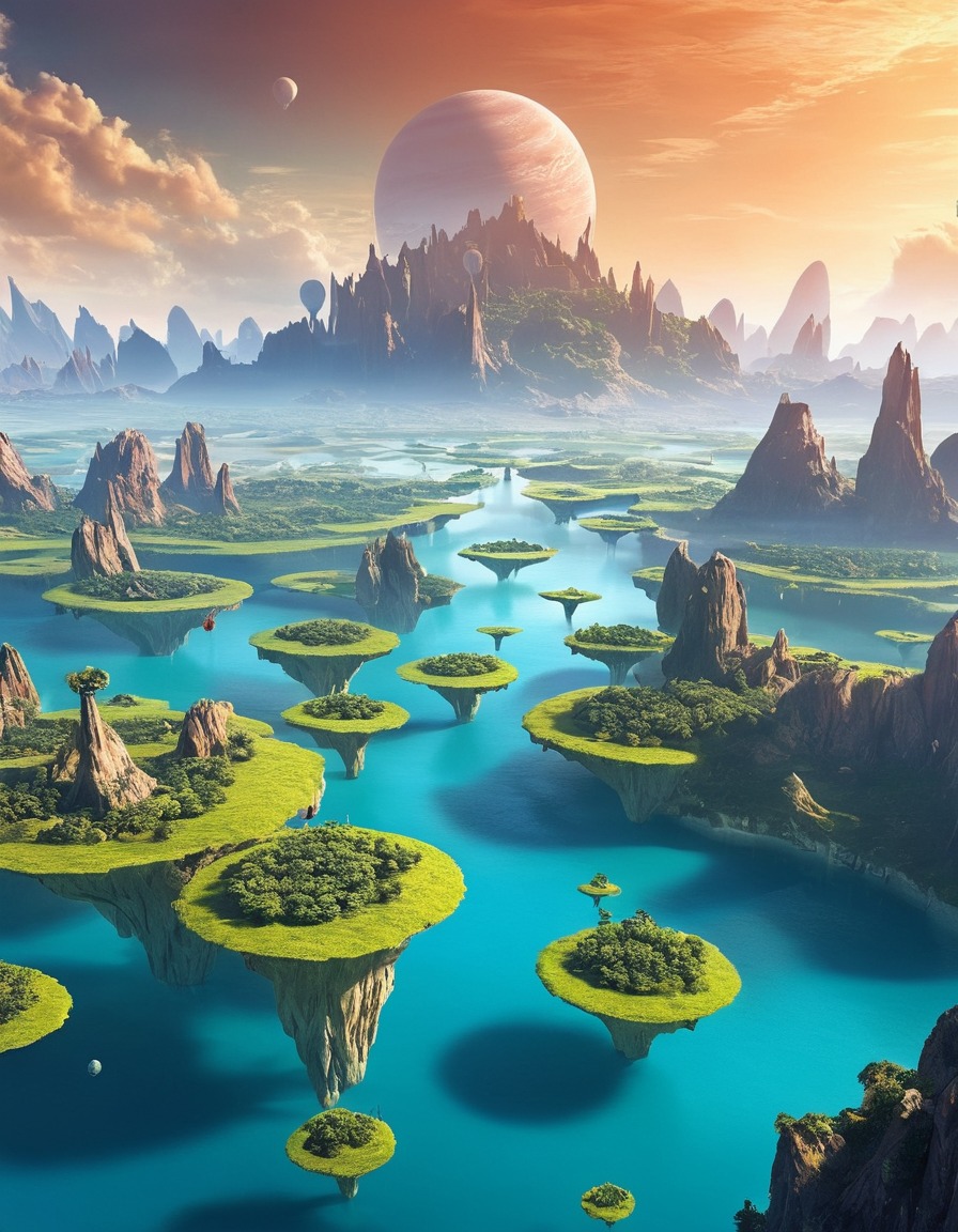 surreal, dreamlike, alien world, floating islands, gravity-defying, fantasy, extraterrestrial, aliens