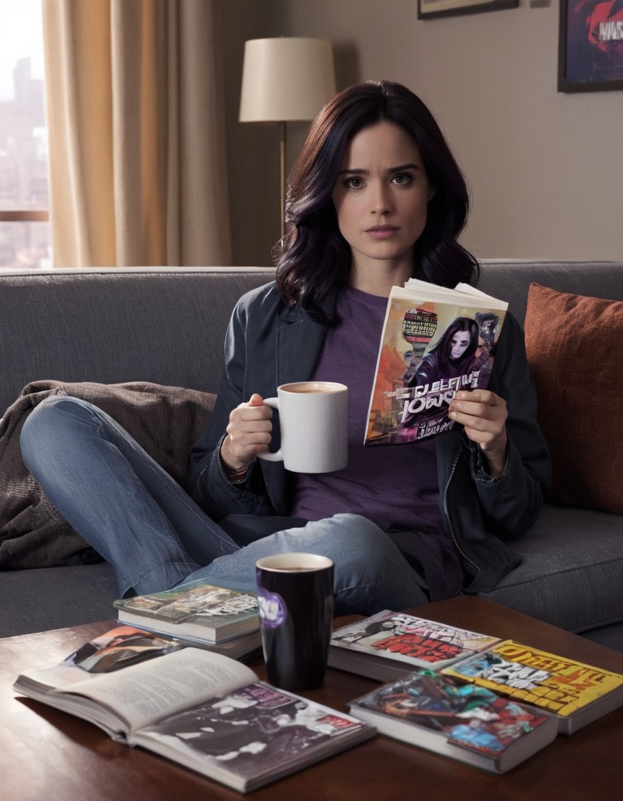 marvel, jessica jones, detective, coffee, lounging, superhero, superheroine, bikini