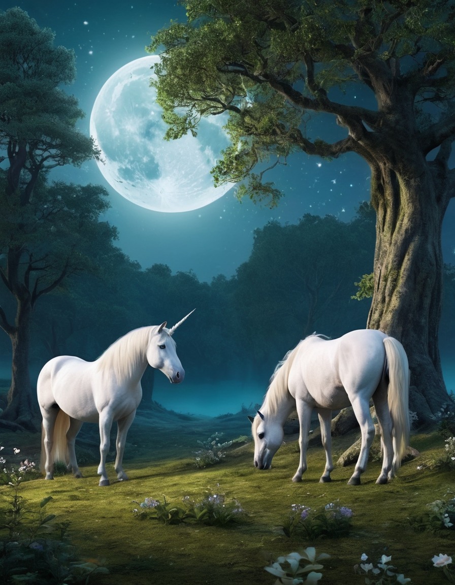 forest glade, unicorns, moonlight, fantasy, peaceful, magical creatures