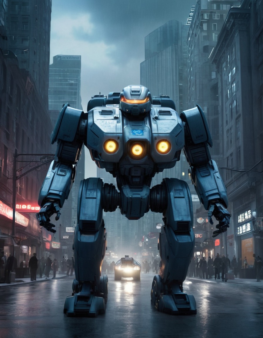 futuristic city, ed-209, robocop, patrol, future tech, robots, games, movies