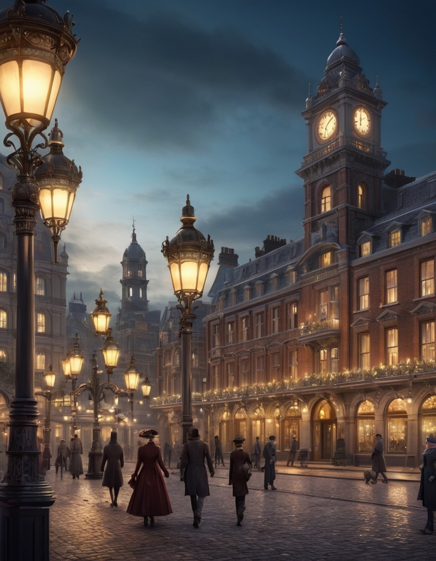 victorian, city square, ornate buildings, gas street lamps, historical, urban landscape, architecture