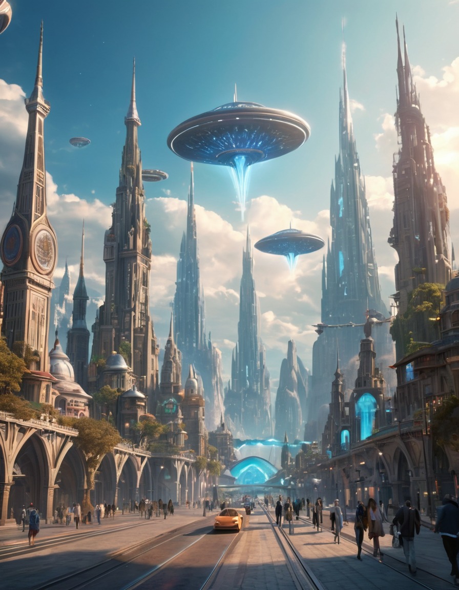 futuristic city, alien city, holographic displays, flying vehicles, towering spires, extraterrestrial, aliens