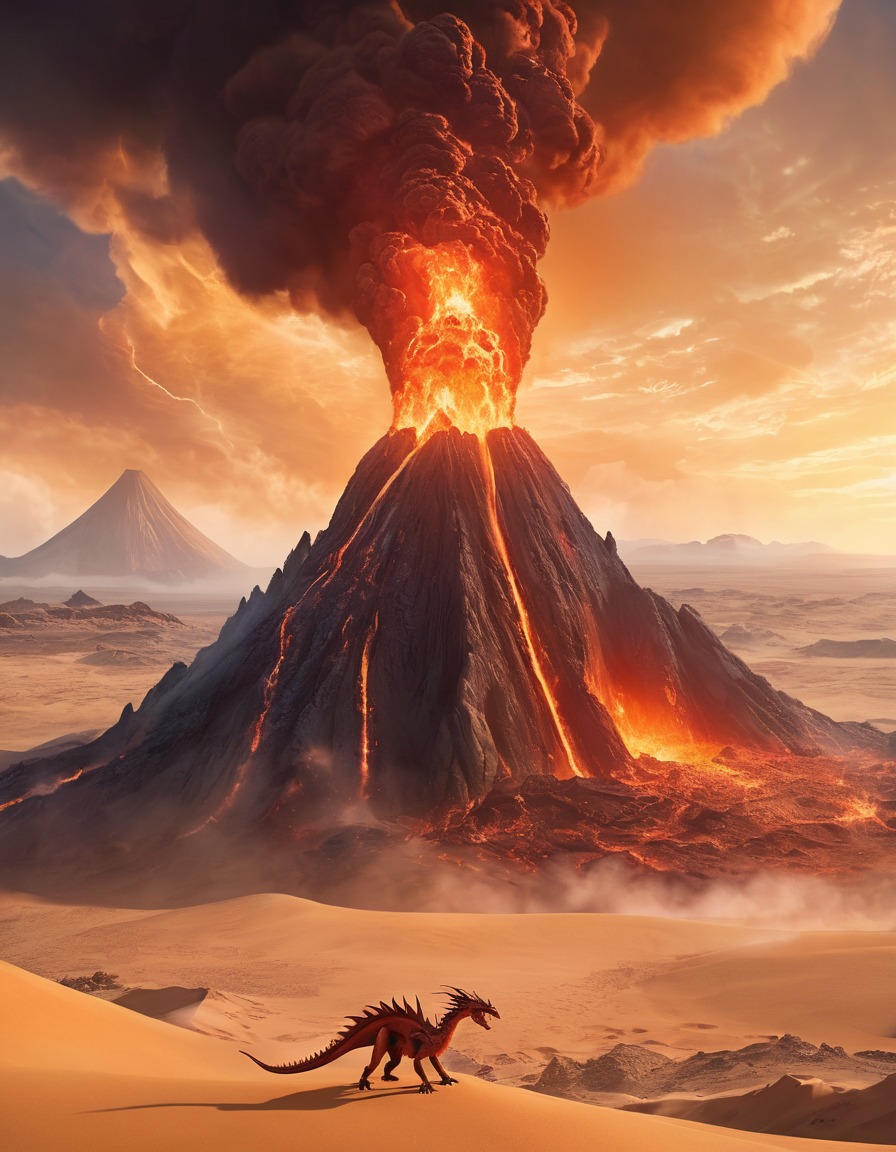 volcano, desert, shifting sands, fire-breathing dragons, fantastic