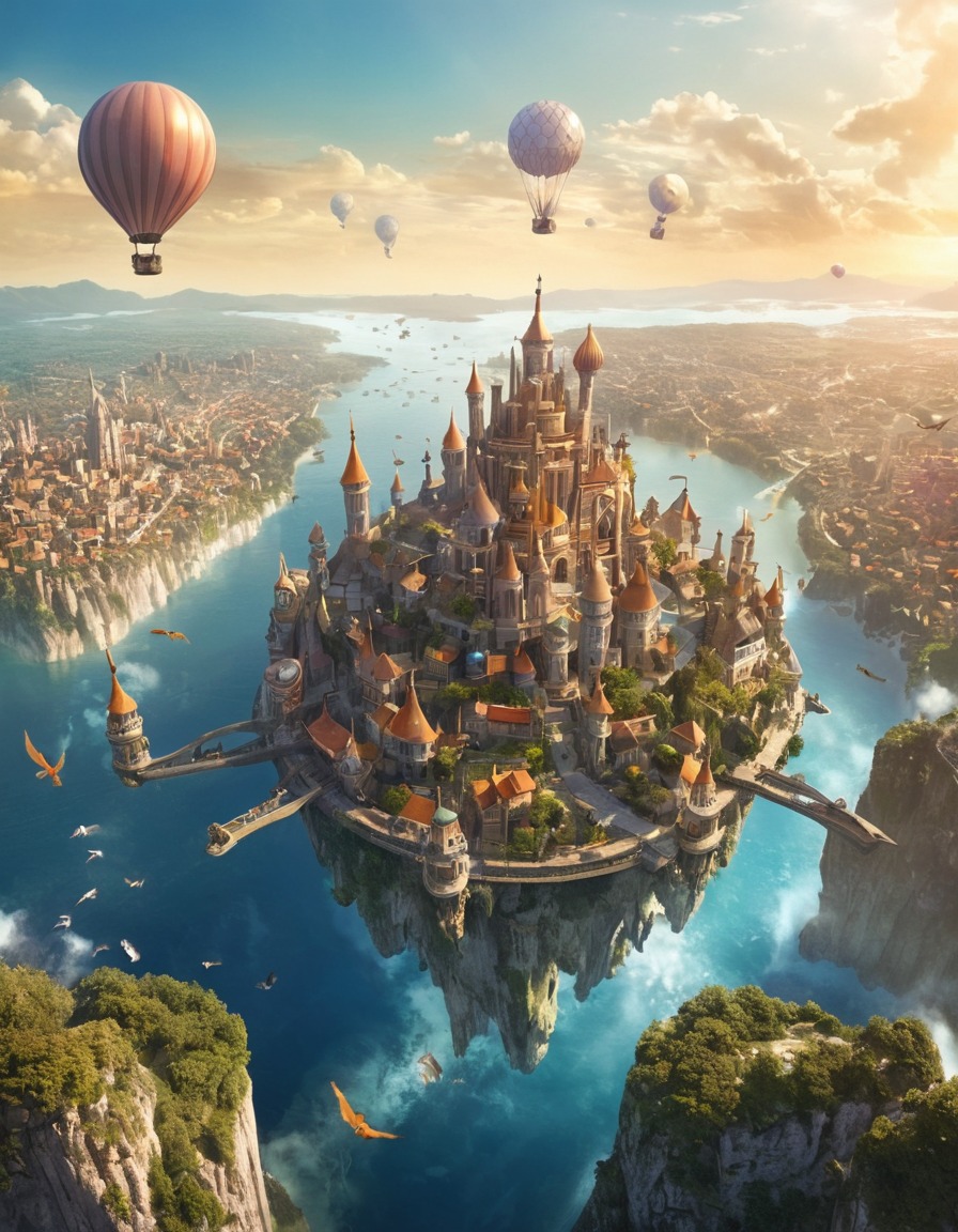 floating city, sky, winged beings, flying creatures, harmony, fantastic