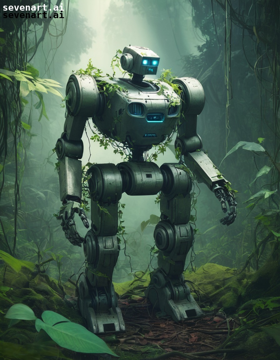 abandoned, robot, vines, nature, jungle, robots