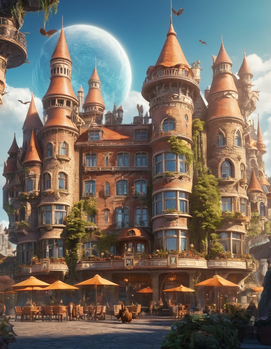 fantasy, hotel, fictional creatures, city, urban, magical, accommodation