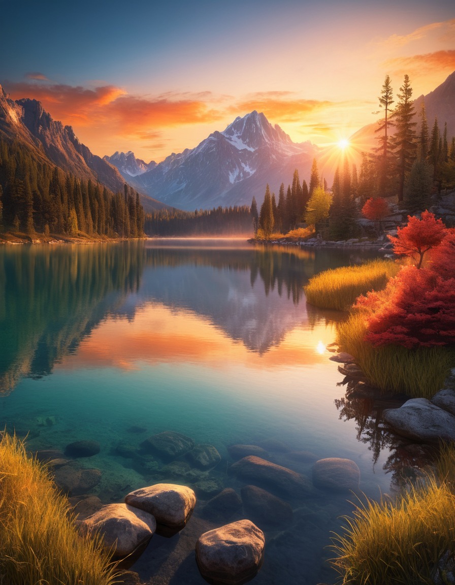 sunrise, mountain, lake, serene, nature