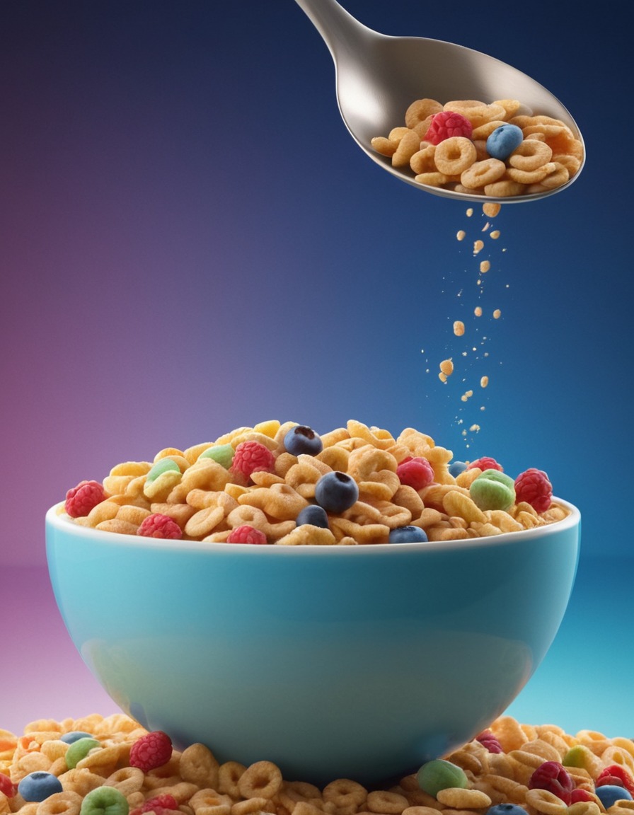 giant spoon, bowl of cereal, chase, humor, fantasy, quirky, absurd