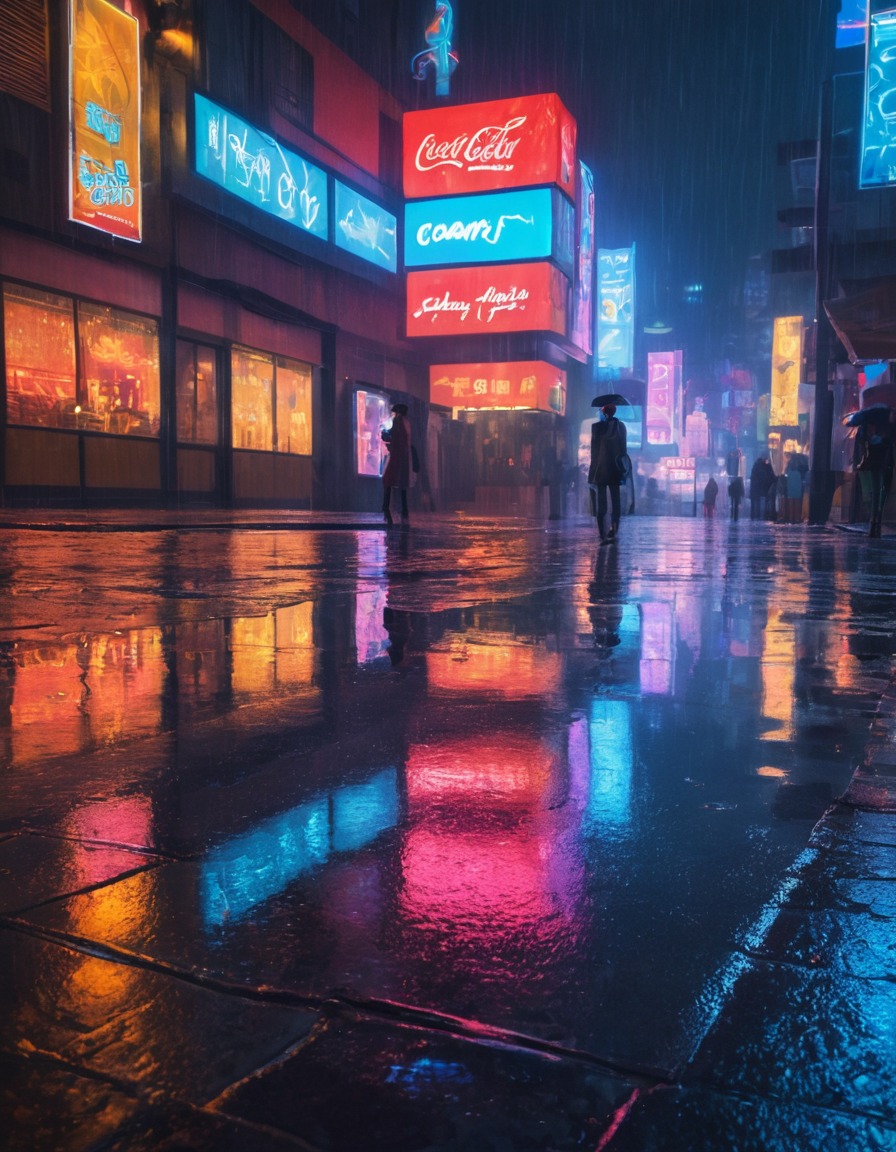 cityscape, neon lights, rainy night, urban, wet pavement