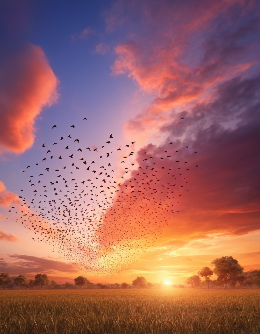 birds, flock, sky, sunset