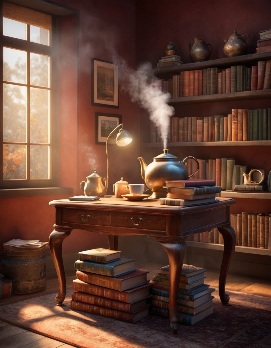 home office, tea, books, cozy, reading, work-from-home, home, interior