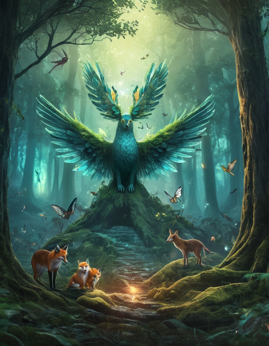 fantasy, mystical, forest, glowing leaves, animals with wings, fantastic